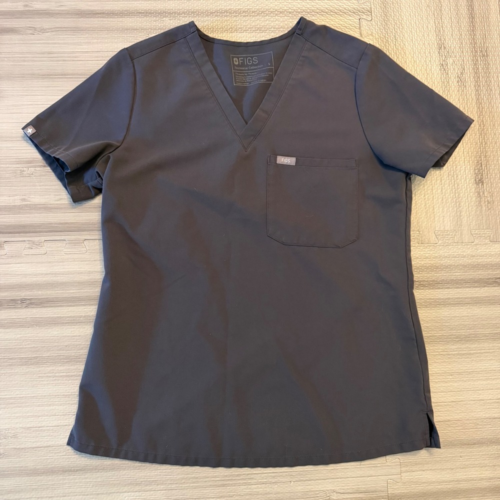 FIGS Catarina Scrub Top Women Small Graphite Grey V-Neck Short Sleeve